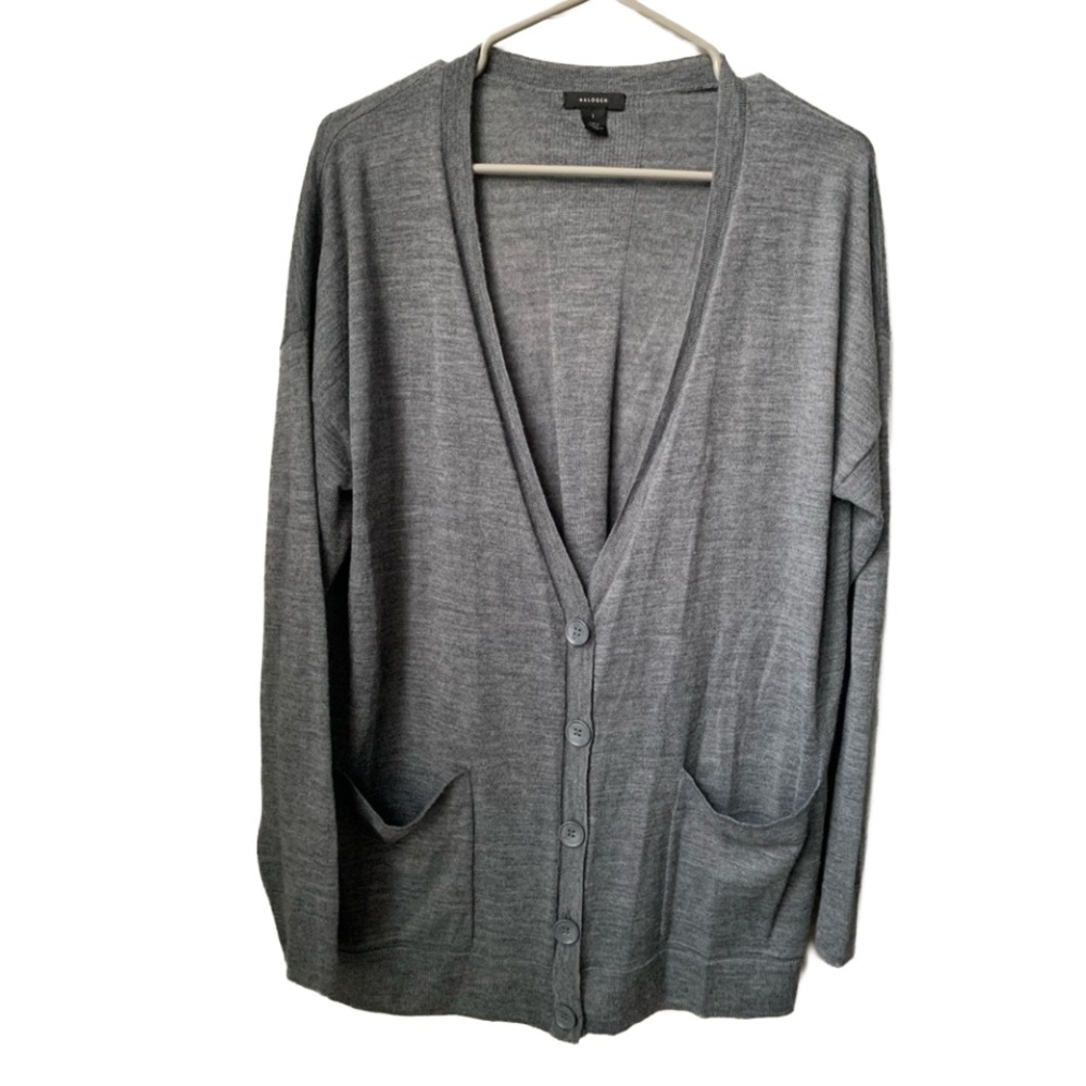 HALOGEN Women’s Gray Heather V-neck Button-down Merino Wool Blend Cardigan